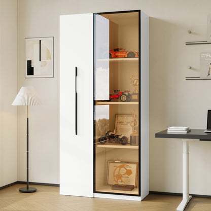 Multifunktionsschrank 160 cm hoch – Bücherregal und Vitrine mit Türen aus gehärtetem Glas, Türrahmen aus Aluminium, 1 Tür, 1 seitliche Schublade, mit Rollen und LED-Beleuchtung – Vitrine, Esszimmersch