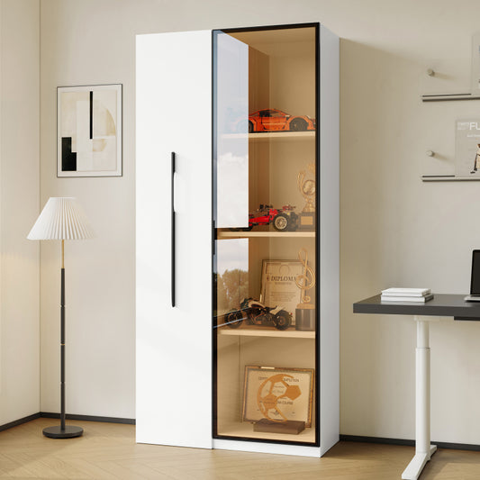 Multifunktionsschrank 160 cm hoch – Bücherregal und Vitrine mit Türen aus gehärtetem Glas, Türrahmen aus Aluminium, 1 Tür, 1 seitliche Schublade, mit Rollen und LED-Beleuchtung – Vitrine, Esszimmersch