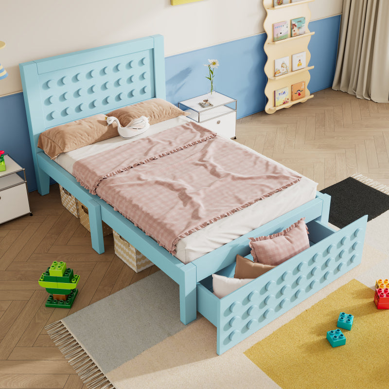 Holzbett Einzelbett 90x200 cm, Kinderbett Jugendbett mit Kreativem Block Design, Massivholz Bettgestell mit Lattenrost, mit Schubladen & Unterm Bett Stauraum, Ohne Matratze