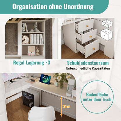 Kinderbett Hochbett mit L-förmigem Schreibtisch, Regalen und Schubladen mit USB/Type-C Ladebereich, Jugend-Einzelbett mit Leiter und Holzlattenrost, 90×200cm, Weiß, ohne Matratze.
