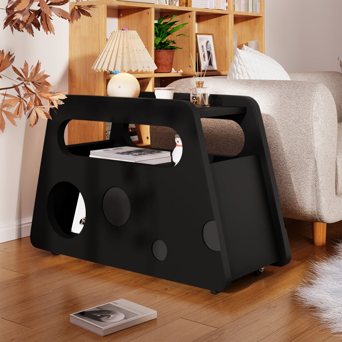 Moderner Beistelltisch mit Rollen, platzsparend, ideal für Wohnzimmer und Schlafzimmer, schwarz