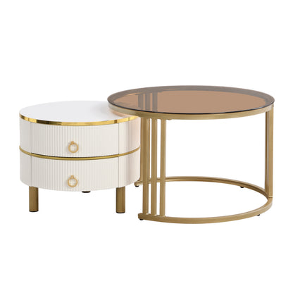 2-in-1 runder Couchtisch aus MDF, Beistelltisch mit 1 weißen Platte und 1 braunen Platte aus gehärtetem Glas, Couchtischkombination mit 2 Schubladen für das Wohnzimmer, 70*70*45 + 50*50*40 cm