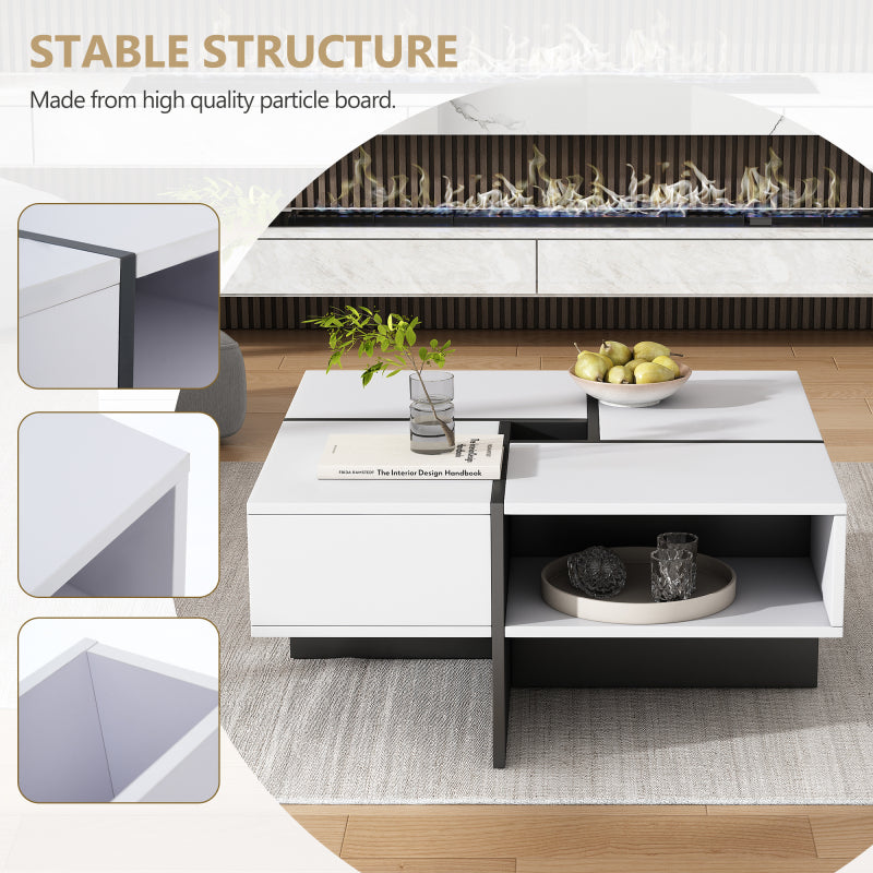 Moderner quadratischer Couchtisch 70x70x35cm – Schwarz-Weiß Design, 5 offene Fächer, mittleres Staufach 10x10cm, stabiler 30KG Tragkraft,Weißer quadratischer Couchtisch