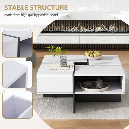 Moderner quadratischer Couchtisch 70x70x35cm – Schwarz-Weiß Design, 5 offene Fächer, mittleres Staufach 10x10cm, stabiler 30KG Tragkraft,Weißer quadratischer Couchtisch