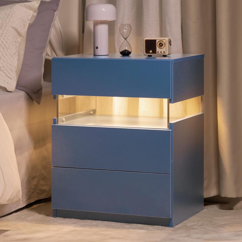 LED Nightstands 3 Drawer Dresser for Bedroom End Table with Acrylic Board LED Bedside Tables for Bedroom Living Room Bedside Furniture (White Stone)