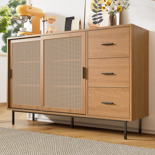 Sideboard 140 cm Natur, Kommode mit Rattan-Schiebetüren