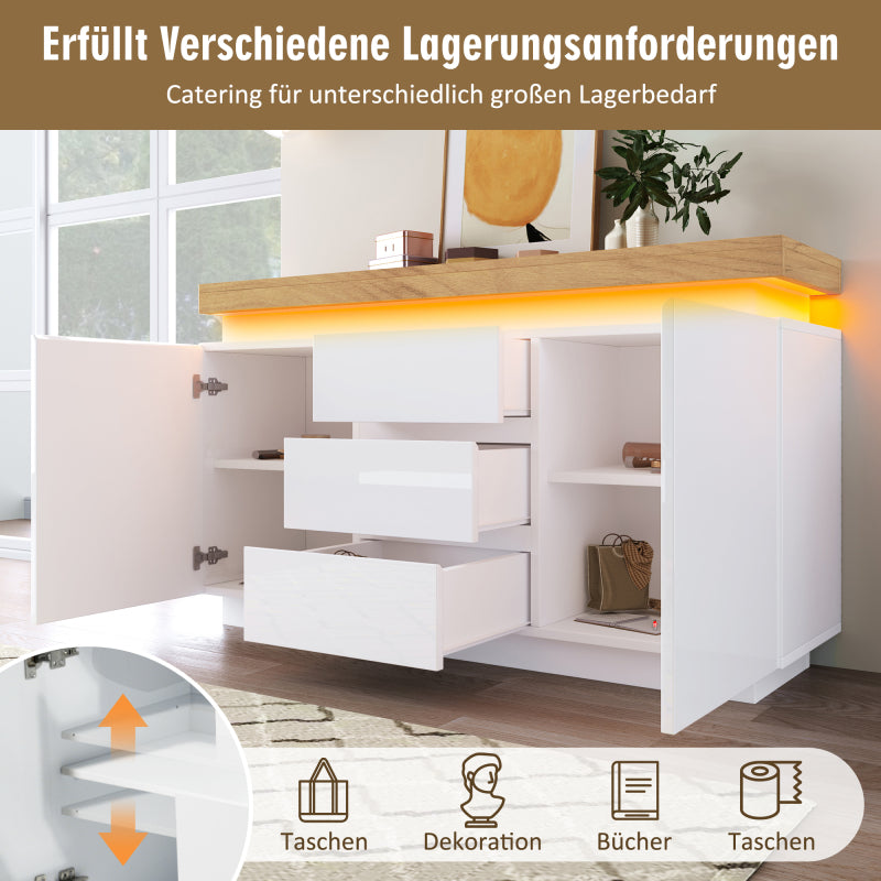 Kommode, Hochglanz Sideboard mit 2 Türen und 3 Schubladen, LED Beleuchtung (App Control), Mehrzweckschrank für Wohnzimmer und Schlafzimmer, 81 x 140 x 39 cm, Weiß