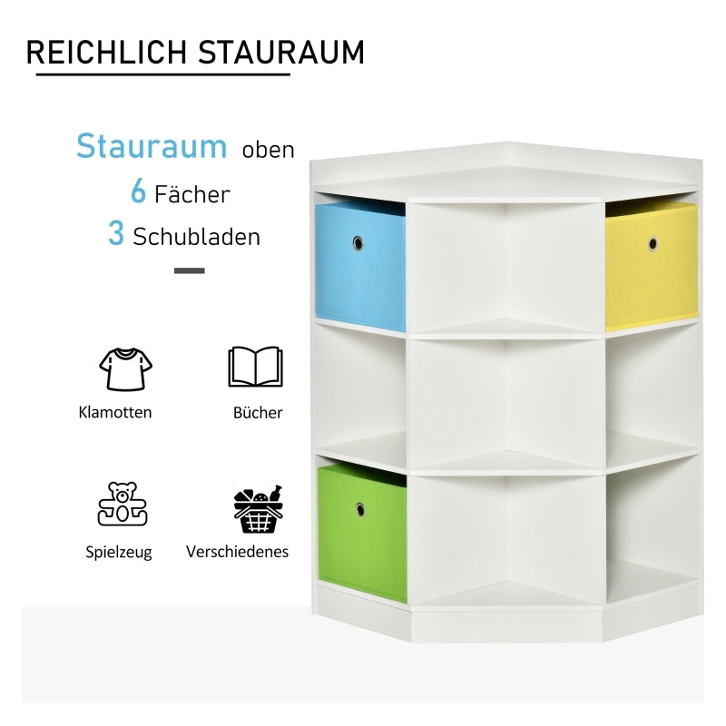 Kinderregal Eckregal mit 3 Aufbewahrungsboxen Kinderzimmer Spielzeug Ablage für 3-12 Jahre Kinder Weiß