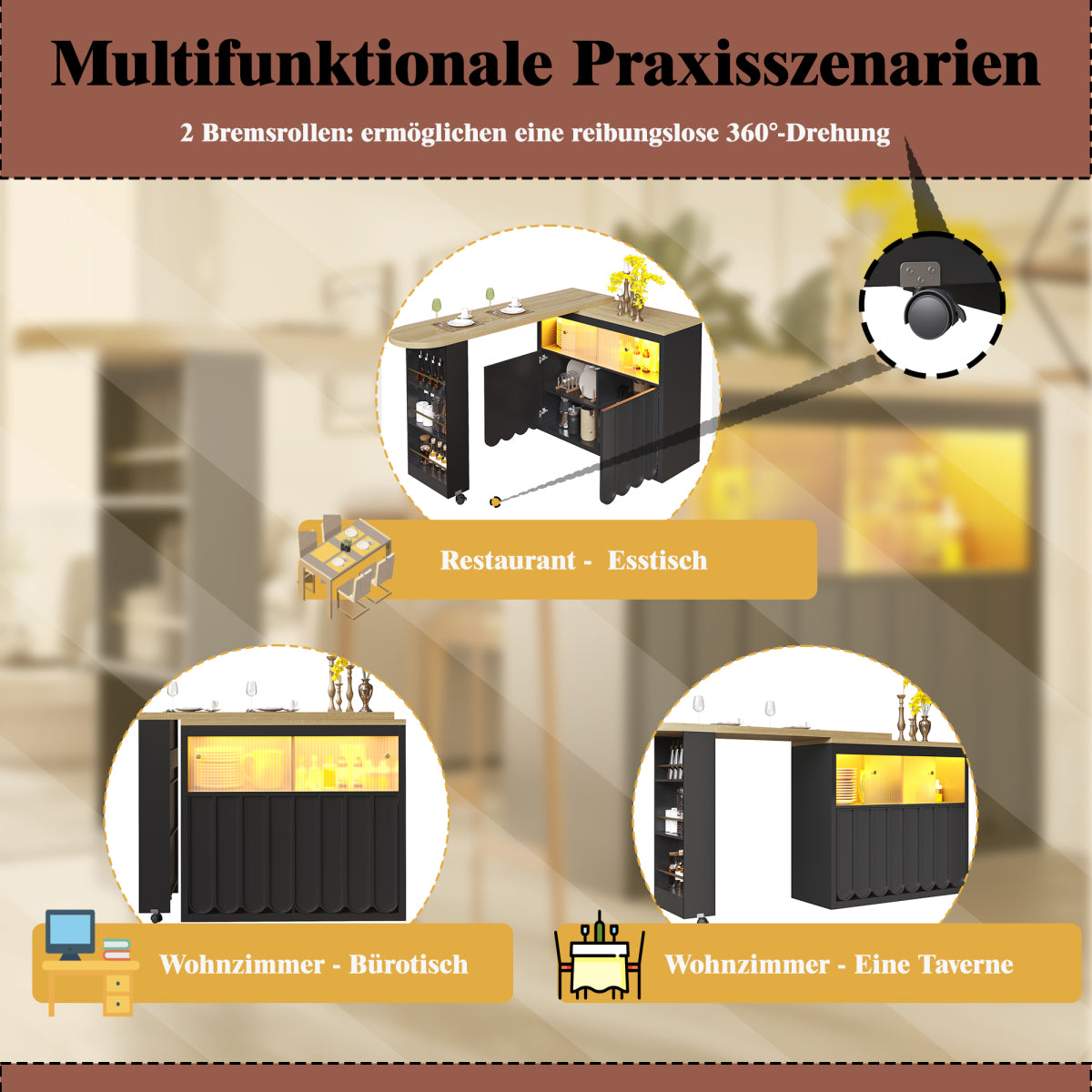 Ausziehbarer Bartisch 135-205cm mit LED & USB, Mobiler Hochtisch Schwarz, Teleskop-Kücheninsel mit Glas-Schiebetür & Soft-Close, Gestreift