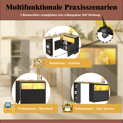 Ausziehbarer Bartisch 135-205cm mit LED & USB, Mobiler Hochtisch Schwarz, Teleskop-Kücheninsel mit Glas-Schiebetür & Soft-Close, Gestreift