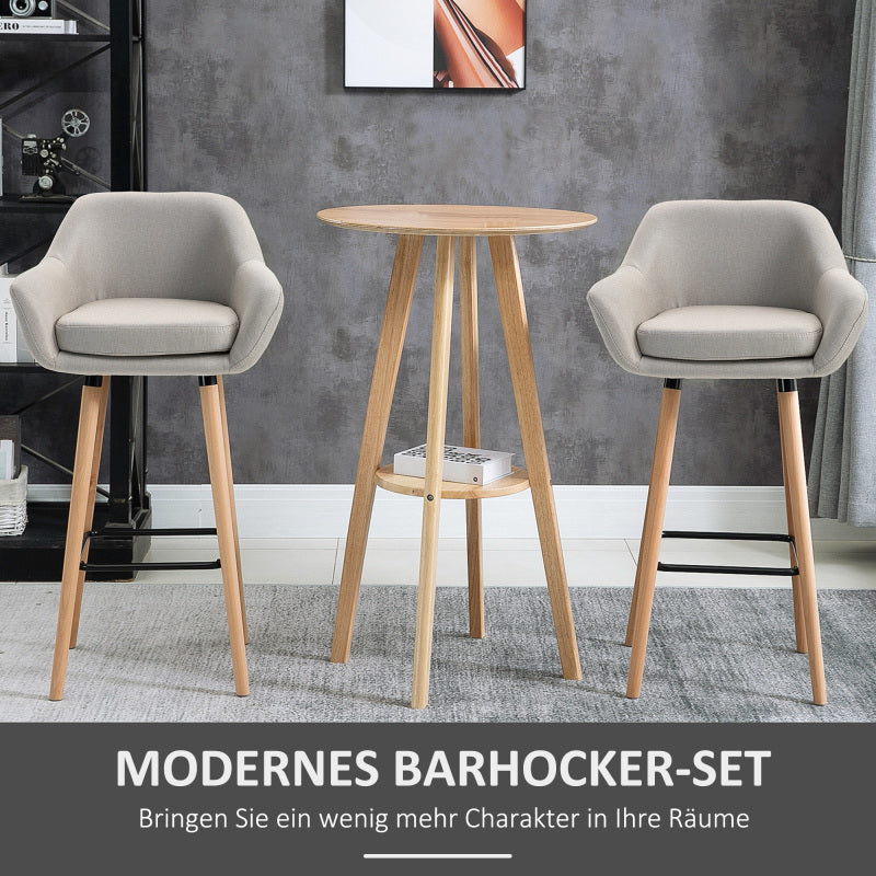 Barhocker 2er-Set bequeme Küchenhocker aus Leinen mit Sitzkissen und Fußstützen, Bistrohocker mit Buchenholzbeinen in Beige