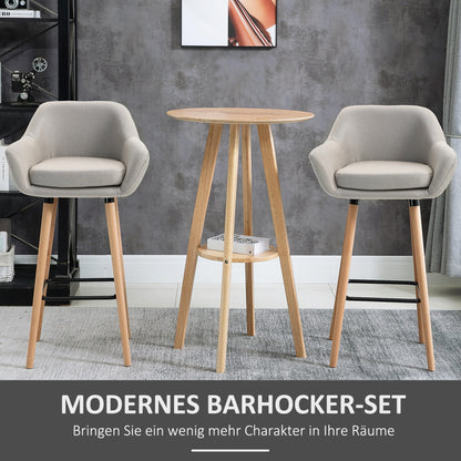 Barhocker 2er-Set bequeme Küchenhocker aus Leinen mit Sitzkissen und Fußstützen, Bistrohocker mit Buchenholzbeinen in Beige