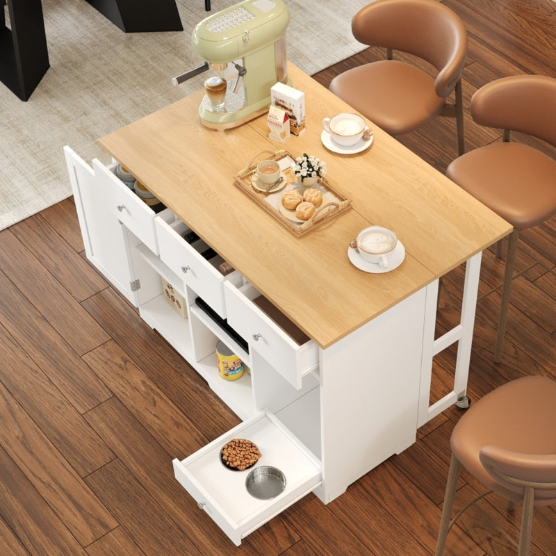 Küchenwagen, mobiler Servierwagen, Kücheninsel mit Schublade, Küchenschrank mit Haustierfressnapf/Haustieressbereich, 120*70*90cm, weiß