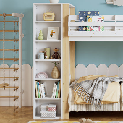 Etagenbett, Kinderbett mit Fallschutz und Gitter, mit 4-stufiger Leiter, 6 offenen Regalen, Kleiderschrank seitlich, Reichlich Stauraum,  Kiefer+PB, Weiß+Natur,  90x200cm