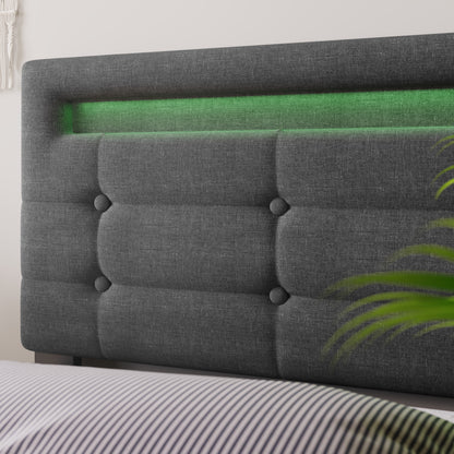 Polsterbett 90x200cm mit LED & 2 Schubladen - Einzelbett Grau, Verstellbares Kopfteil & Lattenrost - Modernes Bettgestell (Ohne Matratze)