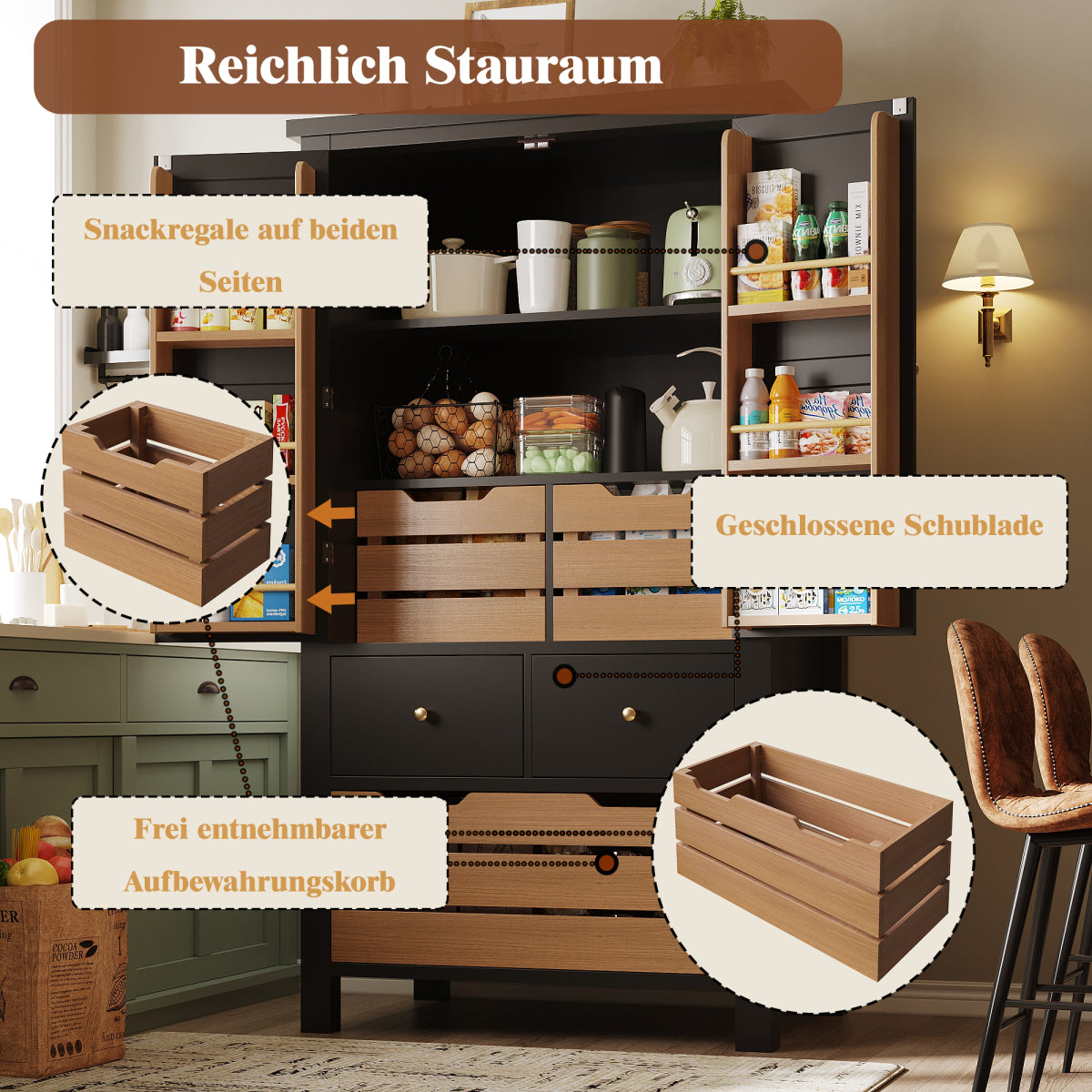 Küchenschrank 140cm hoch, Buffet-Schrank mit 2 Türen & 5 Schubladen, Mehrzweckschrank Schwarz, Sideboard Vorratsschrank mit Kippschutz, 80x40cm