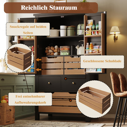 Küchenschrank 140cm hoch, Buffet-Schrank mit 2 Türen & 5 Schubladen, Mehrzweckschrank Schwarz, Sideboard Vorratsschrank mit Kippschutz, 80x40cm