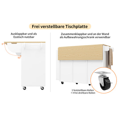 Küchenschrank, Servierwagen mit Holzmaserung, Küchenwagen mit rollen und arbeitsplatte, Küchenwagen mit Gewürzregal und Handtuchhalter, Kücheninsel mit Schiebetüren und Schubladen, weiß