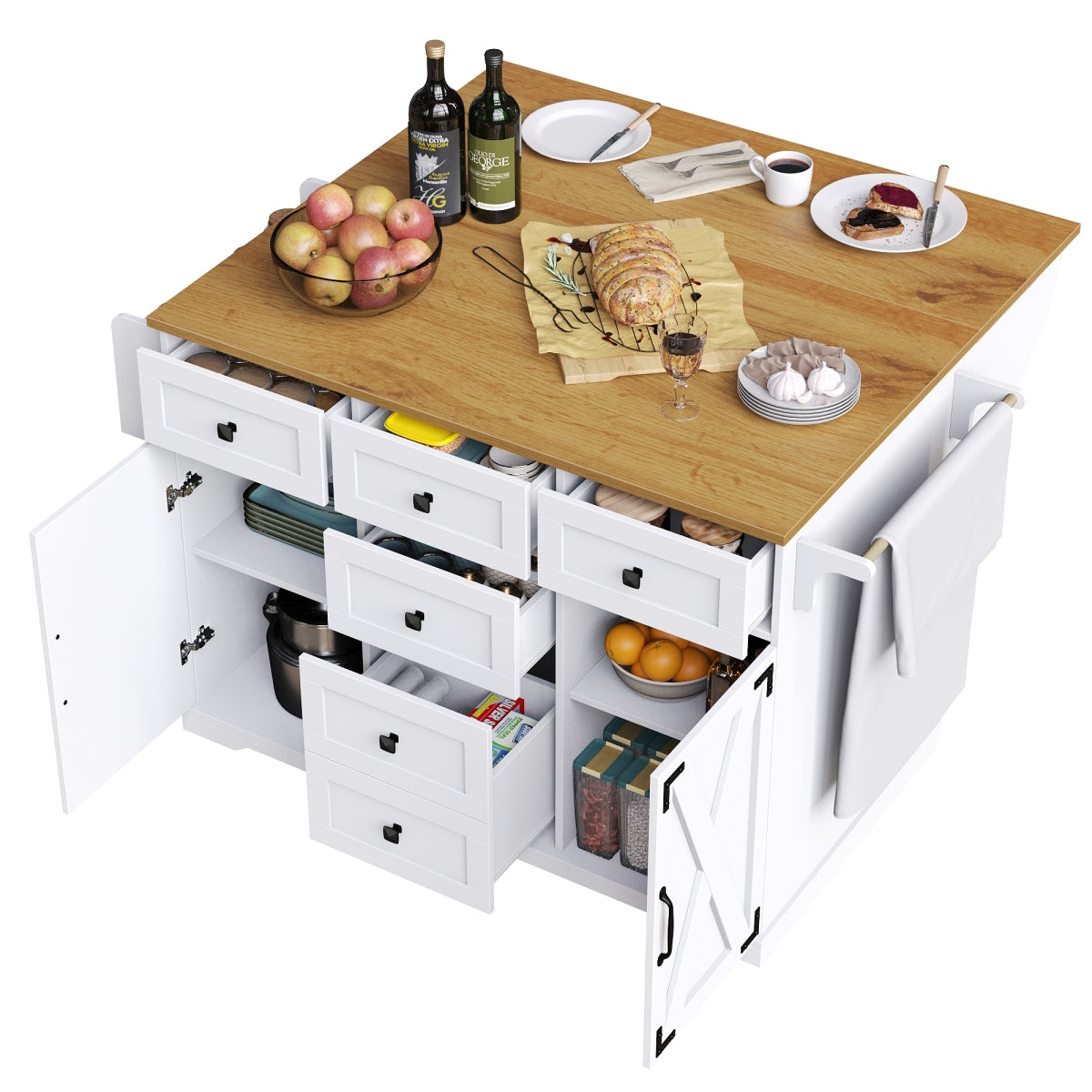 Kücheninsel 147cm klappbar Servierwagen Weiß & Holzoptik, Multifunktionaler Esstisch & Buffetschrank, Mobiler Küchenwagen mit Stauraum