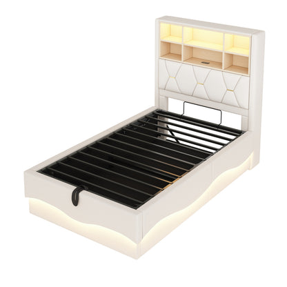 Kinderbett  90×200 cm mit hydraulischem Stauraum APP-gesteuertes LED-Lichtband USB-Ladeanschluss Metall-Lattenrost Leinenpolsterung Beige