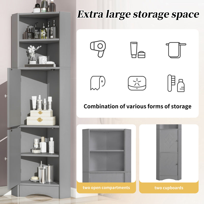 Badschrank, Badmöbel, Eckschrank mit zwei Ablagefächern, offenes Fach mit verstellbarem Einlegeboden, 36.5x 36.5 x 155 cm, hellgrau