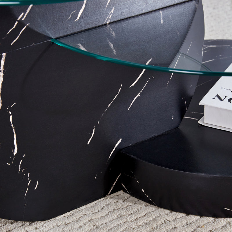 Moderner minimalistischer gehärteter Glas-Couchtisch, mehrschichtiges Design, mit schwarzen Textur-Aufklebern