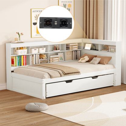 Multifunktions-Schlafsofa 90x200 & 90x190 Ausziehbar - Massivholz Weiß mit USB-Anschluss, Stauraum & Ablagefächern - Praktisches Einzelbett, Weiß