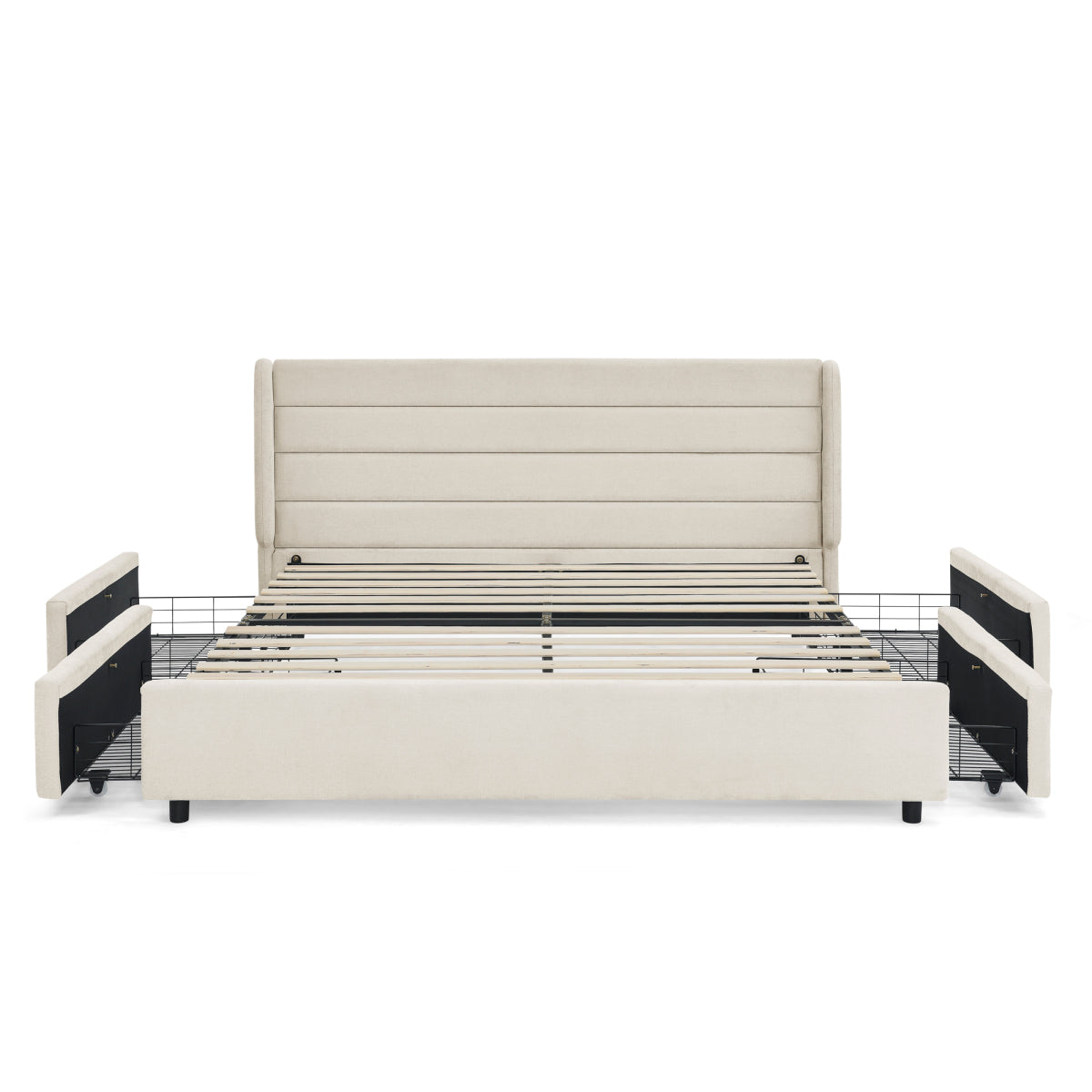 Doppelbett 160×200 cm aus Chenille mit 4 Schubladen, stabiles Bettgestell für Schlafzimmer & Eltern-Kind-Zimmer, Beige (ohne Matratze)