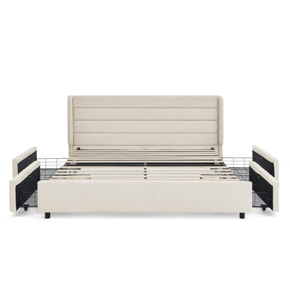 Doppelbett 160×200 cm aus Chenille mit 4 Schubladen, stabiles Bettgestell für Schlafzimmer & Eltern-Kind-Zimmer, Beige (ohne Matratze)