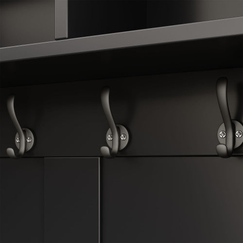 Garderobenset, Komplett-Set Flurgarderobe mit Sitzbank, 6 Haken, 1 Türen & 4 Offener Lagerraum, Schwarz