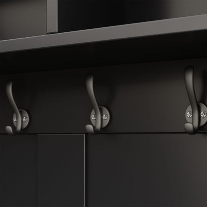 Garderobenset, Komplett-Set Flurgarderobe mit Sitzbank, 6 Haken, 1 Türen & 4 Offener Lagerraum, Schwarz