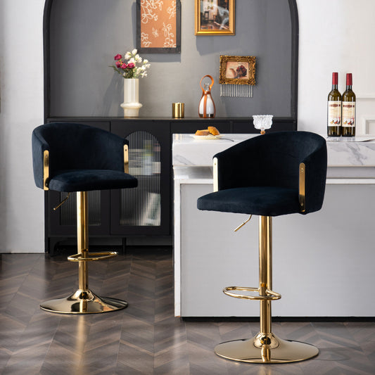 Moderner drehbarer höhenverstellbarer Barhocker, moderner Barhocker für Küche, Bar und Restaurant Theken, Hubhocker mit Rückenlehne und goldener Fußstütze (black.Set of 2)
