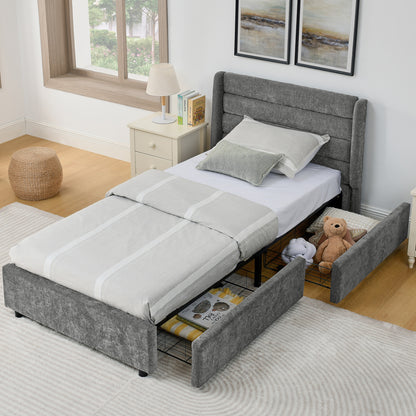 Einzelbett 90×200 cm mit Chenille-Oberfläche & 2 Schubladen, stabiles Bettgestell aus Holz/Metall, ideal für Kinder-, Jugend- & Gästezimmer, Gray (ohne Matratze)