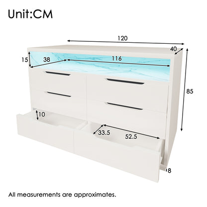 Sideboard, Kommode mit LED-Beleuchtung und 6 Schubladen, Staufach mit Marmorkorn, Moderner Schrank für Wohnzimmer und Schlafzimmer, 120x40x85cm, Weiß