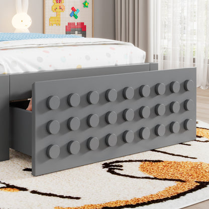 Holzbett Einzelbett 90x200 cm, Kinderbett Jugendbett mit Kreativem Block Design, Massivholz Bettgestell mit Lattenrost, mit Schubladen & Unterm Bett Stauraum, Grau, Ohne Matratze