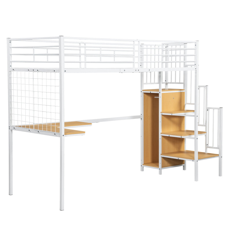 Eisenbett, Etagenbett, Hochbett, Geeignet für Kinder und Jugendliche, mit Tisch und Kleiderschrank, Seitenleiter mit Handlauf, Eisen+Spanplatte, Weiß+Natur, 90x200cm