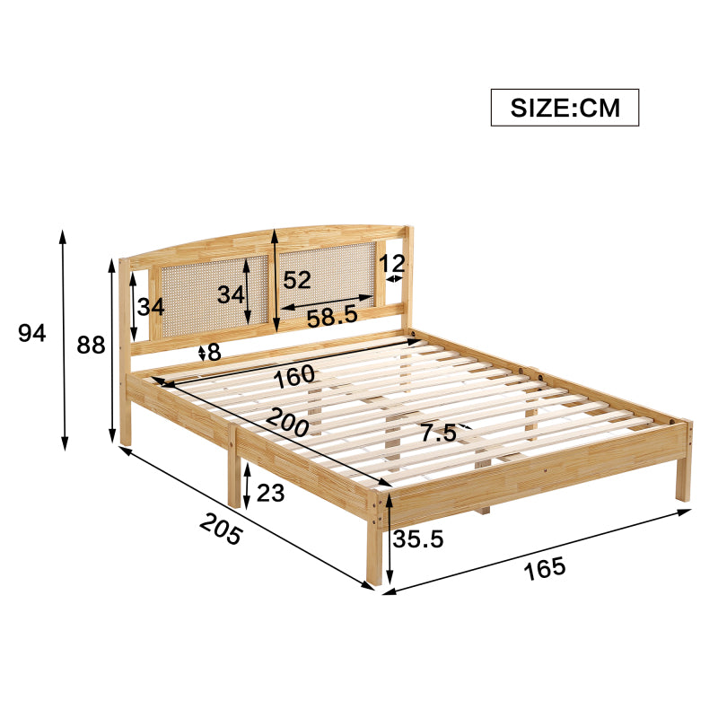Doppelbett, Rattanbett, Jugendbett Erwachsenenbett 160X200cm, Rattannetzkissen, mit 15 Latten und Mittelfüße, Kiefer + PE-Rattan, Natur