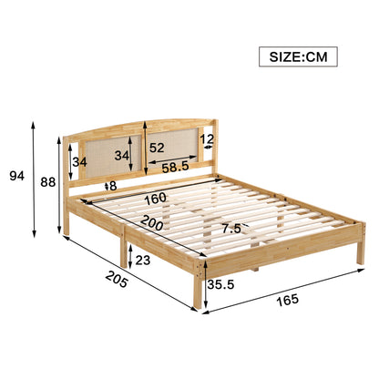 Doppelbett, Rattanbett, Jugendbett Erwachsenenbett 160X200cm, Rattannetzkissen, mit 15 Latten und Mittelfüße, Kiefer + PE-Rattan, Natur