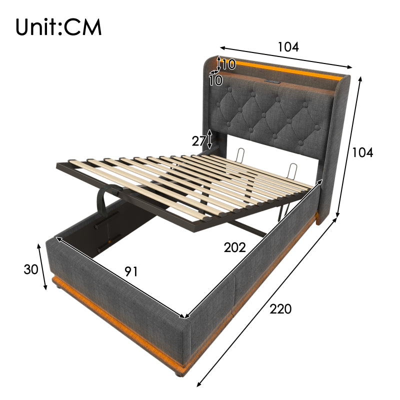 Polsterbett einzelbett,360-Surround-LED-Funktion, Drucktaste/App/Fernbedienung,90*200 cm, Grau Leinen-Material Hydraulisches Lagerbett, gepolstertes Kopfteil mit USB Typ-C Ladefunktion (Ohne Matratze)