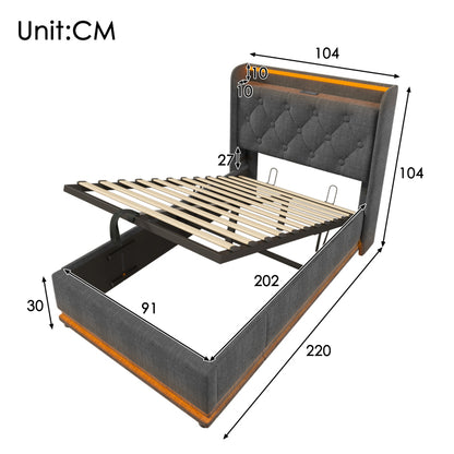 Polsterbett einzelbett,360-Surround-LED-Funktion, Drucktaste/App/Fernbedienung,90*200 cm, Grau Leinen-Material Hydraulisches Lagerbett, gepolstertes Kopfteil mit USB Typ-C Ladefunktion (Ohne Matratze)