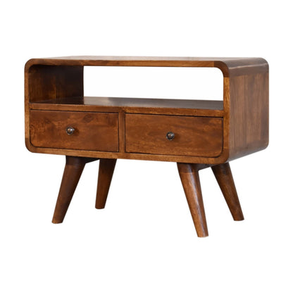 Mini TV-Lowboard aus massivem Mangoholz – Kastanienbraun, 2 Schubladen & offenes Fach, Handgefertigt, Nordic-Design, 60x30x45 cm