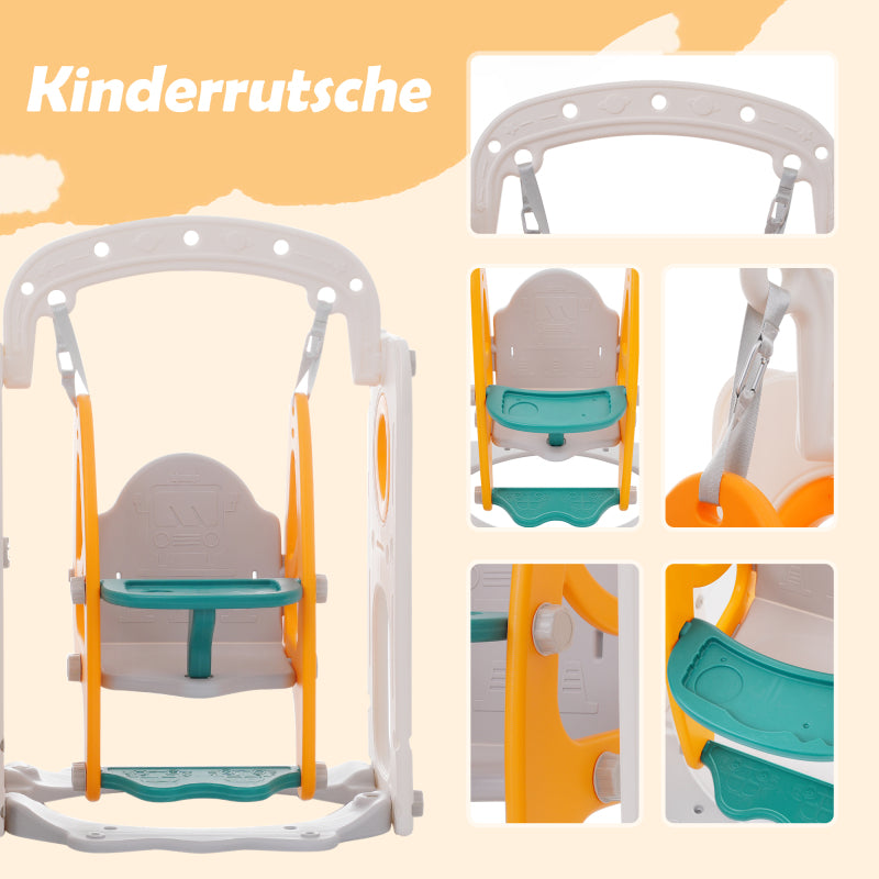 7-in-1-Rutsche für Kinder, bestehend aus Rutsche, Schaukel, Plattform, Unterschrank, Lochbohrspiel, Basketballkorb und Treppe - hochdichtes Polyethylen (Ozeanball nicht enthalten)