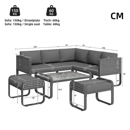 Garten-Lounge-Set, Rattan-Möbel-Set für 6-7 Personen, Ecksofa mit verzinktem Eisengestell, verstellbare Beine, inklusive aller Sitz- und Rückenkissen, grau