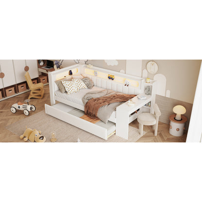 Gepolstertes 90x200 Tagesbett mit USB-Anschlüssen und LED-Gürtel, mit Ausziehbett und Schreibtisch, Weiß