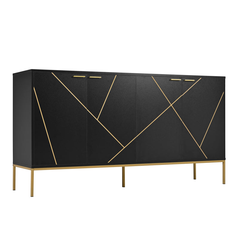 Sideboard mit vier Türen, Metallfüßen, TV-Schrank, Kleiderschrank,  geradliniges Design mit Metalllinien-Dekor, Schwarz+Golden