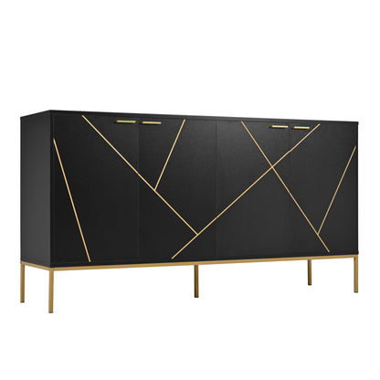 Sideboard mit vier Türen, Metallfüßen, TV-Schrank, Kleiderschrank,  geradliniges Design mit Metalllinien-Dekor, Schwarz+Golden