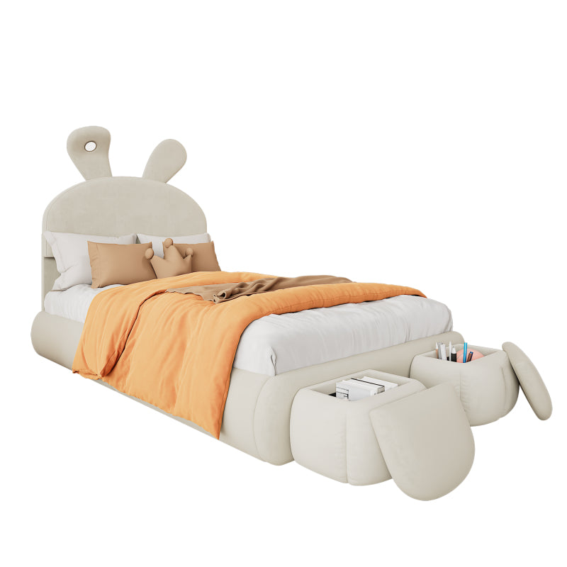 Polsterbett, Einzelbett, Hasenohren mit einstellbarer Helligkeit warmfarbenen Lichtstreifen, mit zwei Aufbewahrungshockern, Kinderbett mit Holzlatten, Samt, Beige, 90x200cm