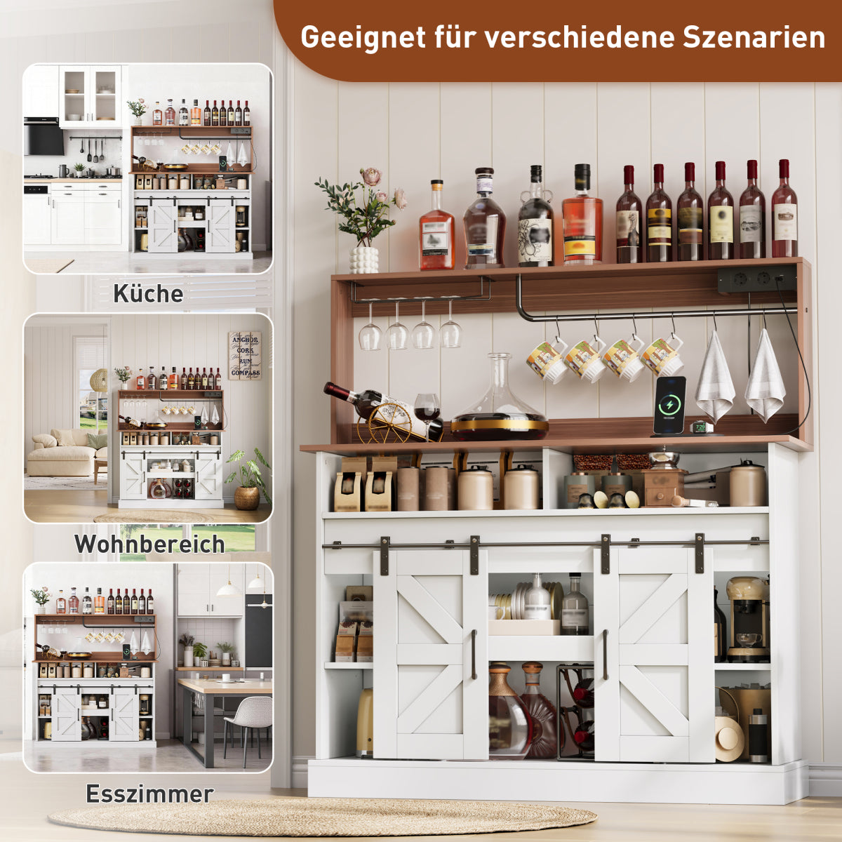 Kaffeebar 120 cm mit Gläserhalter & Steckdosen, Sideboard im Landhausstil mit Schiebetüren – Weiß/Natur