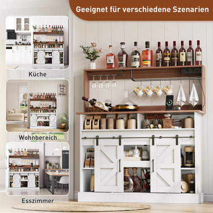 Kaffeebar 120 cm mit Gläserhalter & Steckdosen, Sideboard im Landhausstil mit Schiebetüren – Weiß/Natur