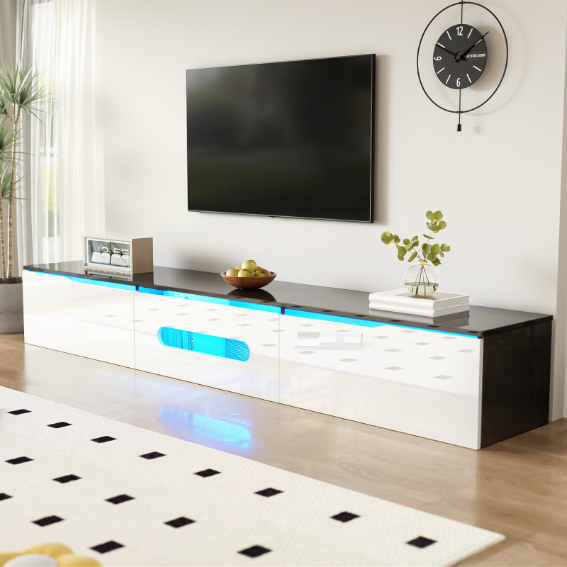 Schwarz-weißer TV-Schrank, 180 cm lang, Hochglanzoberfläche, mit 16-farbiger LED-Beleuchtung, wandmontierbar